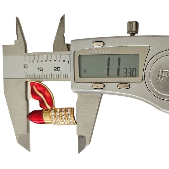 Gold Tone Clear Rhinestone Red Enamel Lipstick Lips Pin Brooch L185 - Picture 6 of 7